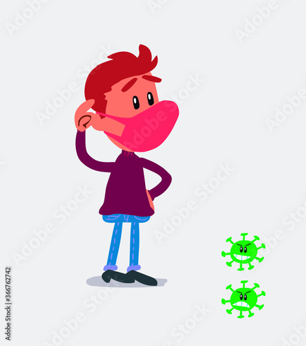 Thoughtful  young man dressed casually  with mask and virus COVID scratching his head
