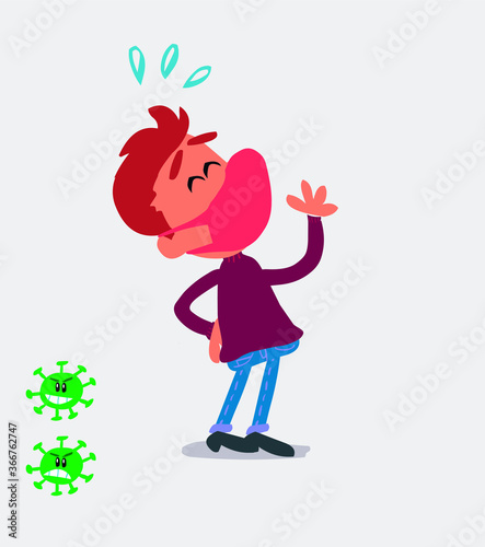  young man dressed casually  with mask and virus COVID laughing happily 