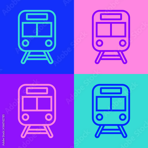 Pop art line Train and railway icon isolated on color background. Public transportation symbol. Subway train transport. Metro underground. Vector.