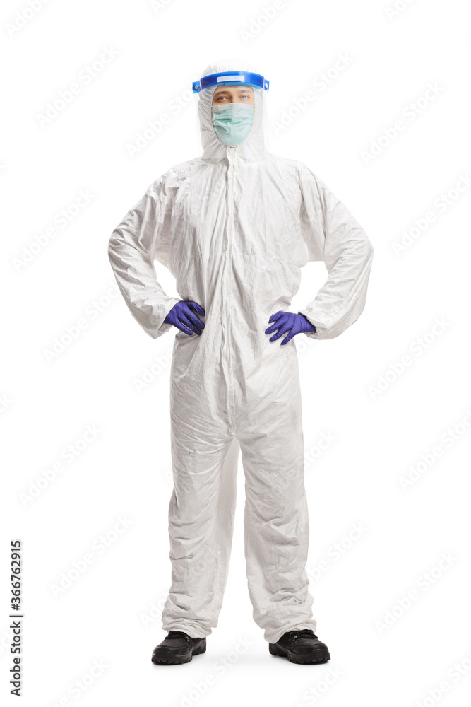 Man in a hazmat protective equipment with a mask and face shiled Man in a hazmat protective equipment with a mask and face shiled