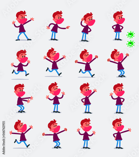 Cartoon character  young man dressed casually with mask and virus COVID in smart casual style. Set with different postures, attitudes and poses, doing different activities in isolated vector illustrat
