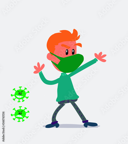  young man dressed casually  with mask and virus COVID arguing angry
