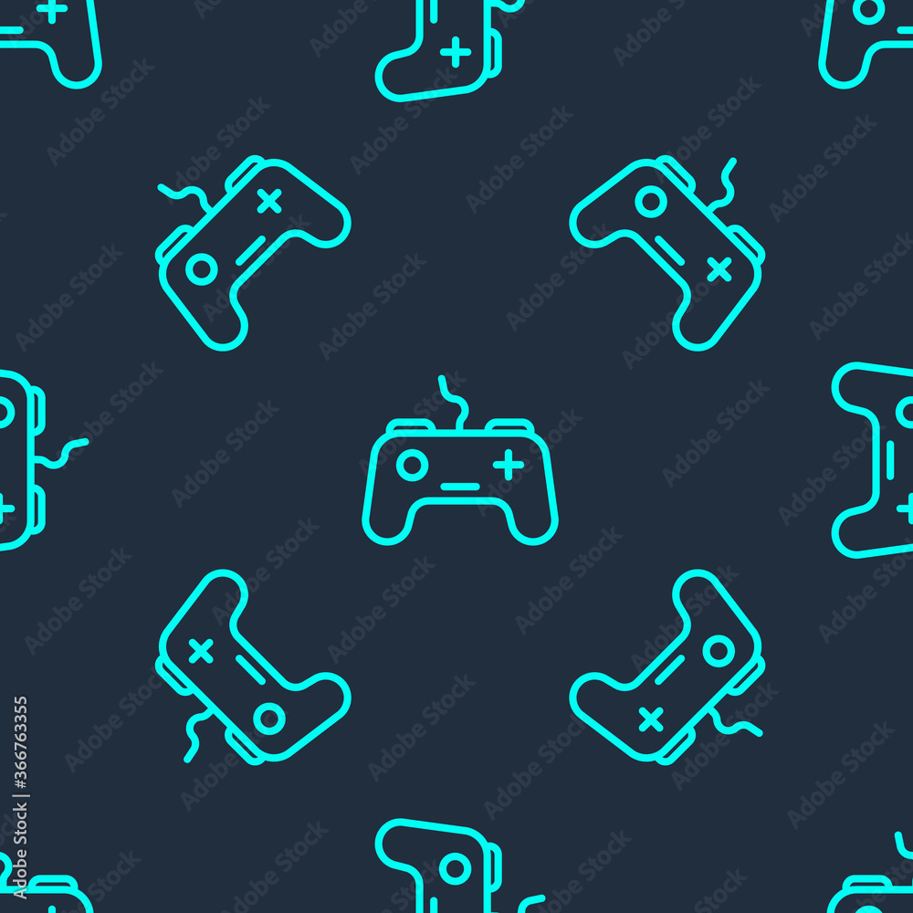 Green line Gamepad icon isolated seamless pattern on blue background. Game controller. Vector. Green line Gamepad icon isolated seamless pattern on blue background. Game controller. Vector.