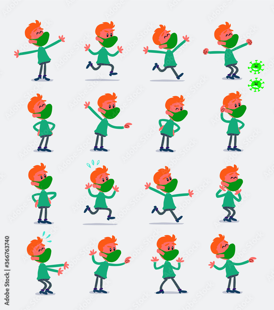 Obraz premium Cartoon character young man dressed casually with mask and virus COVID in smart casual style. Set with different postures, attitudes and poses, doing different activities in isolated vector illustrati