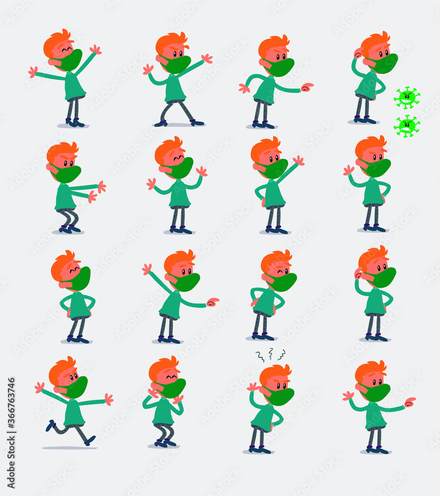 Cartoon character young man dressed casually with mask and virus COVID in smart casual style. Set with different postures, attitudes and poses, doing different activities in isolated vector illustrati
