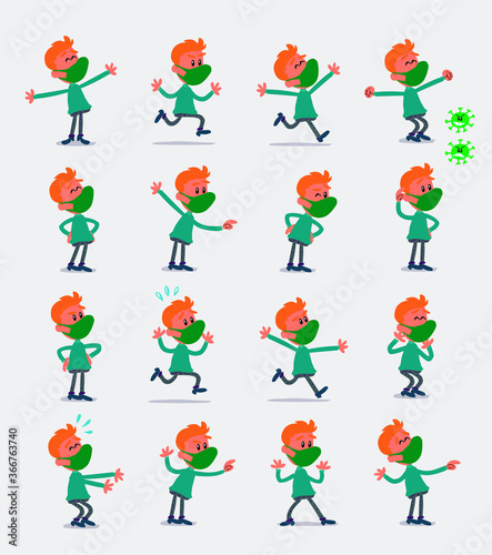 Cartoon character young man dressed casually with mask and virus COVID in smart casual style. Set with different postures, attitudes and poses, doing different activities in isolated vector illustrati
