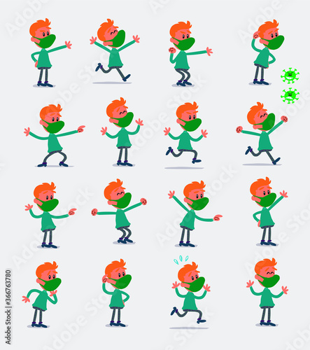 Cartoon character young man dressed casually with mask and virus COVID in smart casual style. Set with different postures, attitudes and poses, doing different activities in isolated vector illustrati