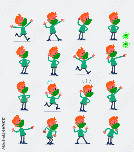 Cartoon character young man dressed casually with mask and virus COVID in smart casual style. Set with different postures, attitudes and poses, doing different activities in isolated vector illustrati