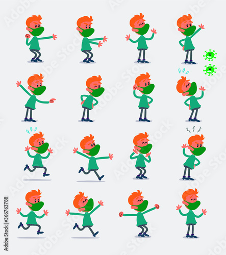 Cartoon character young man dressed casually with mask and virus COVID in smart casual style. Set with different postures, attitudes and poses, doing different activities in isolated vector illustrati