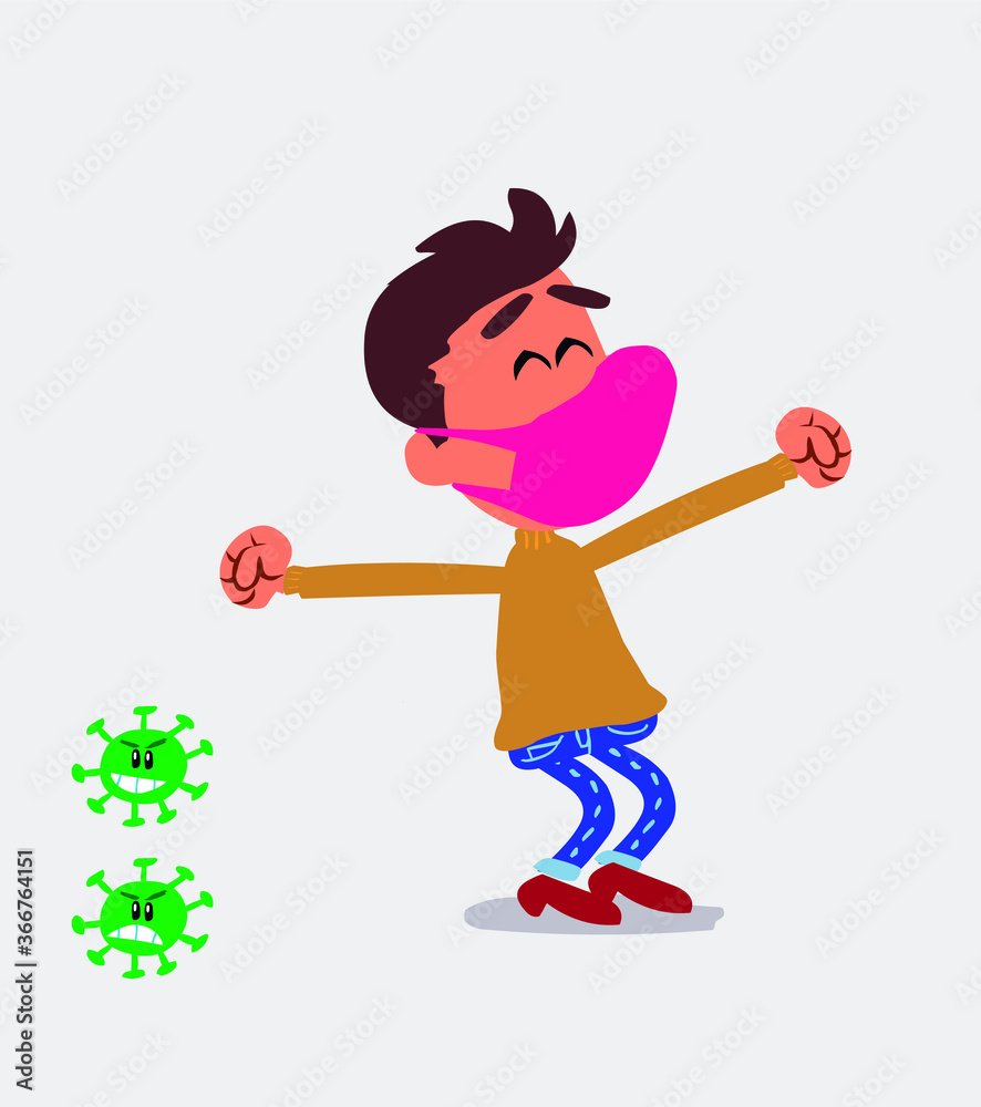 Euphoric young man dressed casually with mask and virus COVID
Euphoric young man dressed casually with mask and virus COVID