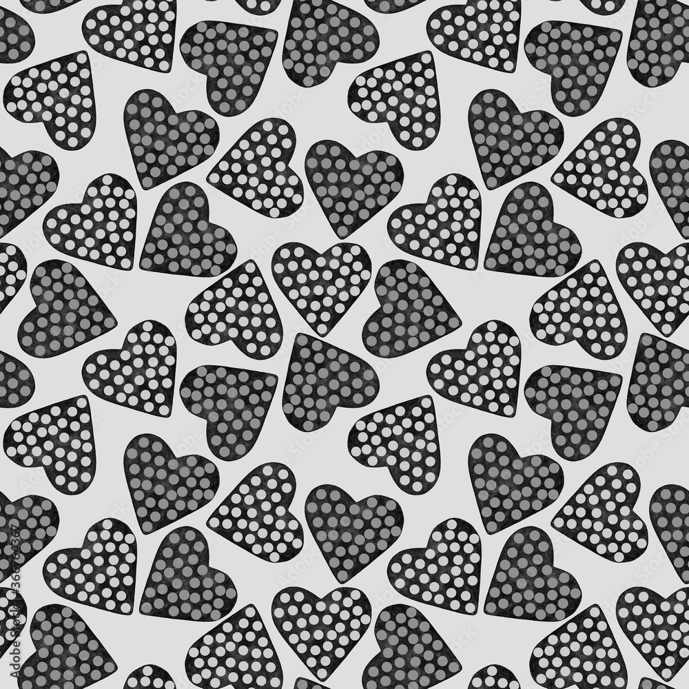 Watercolor black-white seamless pattern with hearts with dots. Polka-dot. Holiday/Valentine's day mood. Design for fabric, wallpaper, baby room, print, wrapping paper Watercolor black-white seamless pattern with hearts with dots. Polka-dot. Holiday/Valentine's day mood. Design for fabric, wallpaper, baby room, print, wrapping paper