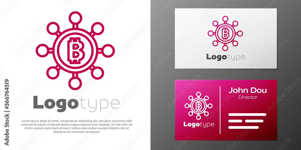 Fototapeta premium Logotype line Blockchain technology Bitcoin icon isolated on white background. Abstract geometric block chain network technology business. Logo design template element. Vector.