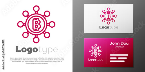 Logotype line Blockchain technology Bitcoin icon isolated on white background. Abstract geometric block chain network technology business. Logo design template element. Vector.
