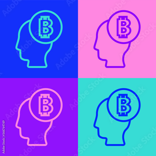 Pop art line Bitcoin think icon isolated on color background. Cryptocurrency head. Blockchain technology, digital money market, cryptocoin wallet. Vector.