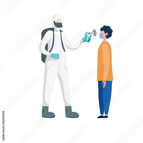 man with protective suit checking man temperature vector design