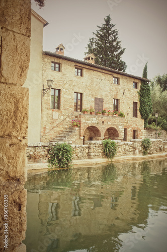 Thermal baths in the medieval village Bagno Vignoni, Tuscany Italy