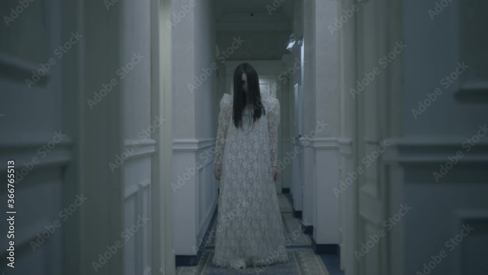 Creepy possessed woman in bride gown walking long hallway, horror nightmare Creepy possessed woman in bride gown walking long hallway, horror nightmare