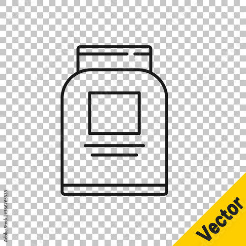 Black line Sports nutrition bodybuilding proteine power drink and food icon isolated on transparent background. Vector.