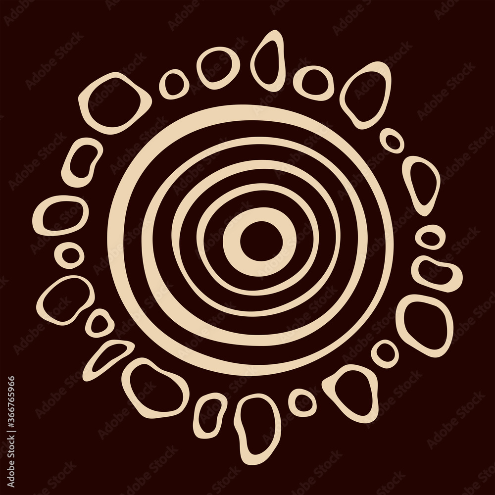 Stylized sun. Australian art. Aboriginal painting style. Smooth round shapes, circles isolated on dark background. Doodle sketch style. Minimalistic graphic print. Vector color illustration. Stylized sun. Australian art. Aboriginal painting style. Smooth round shapes, circles isolated on dark background. Doodle sketch style. Minimalistic graphic print. Vector color illustration.