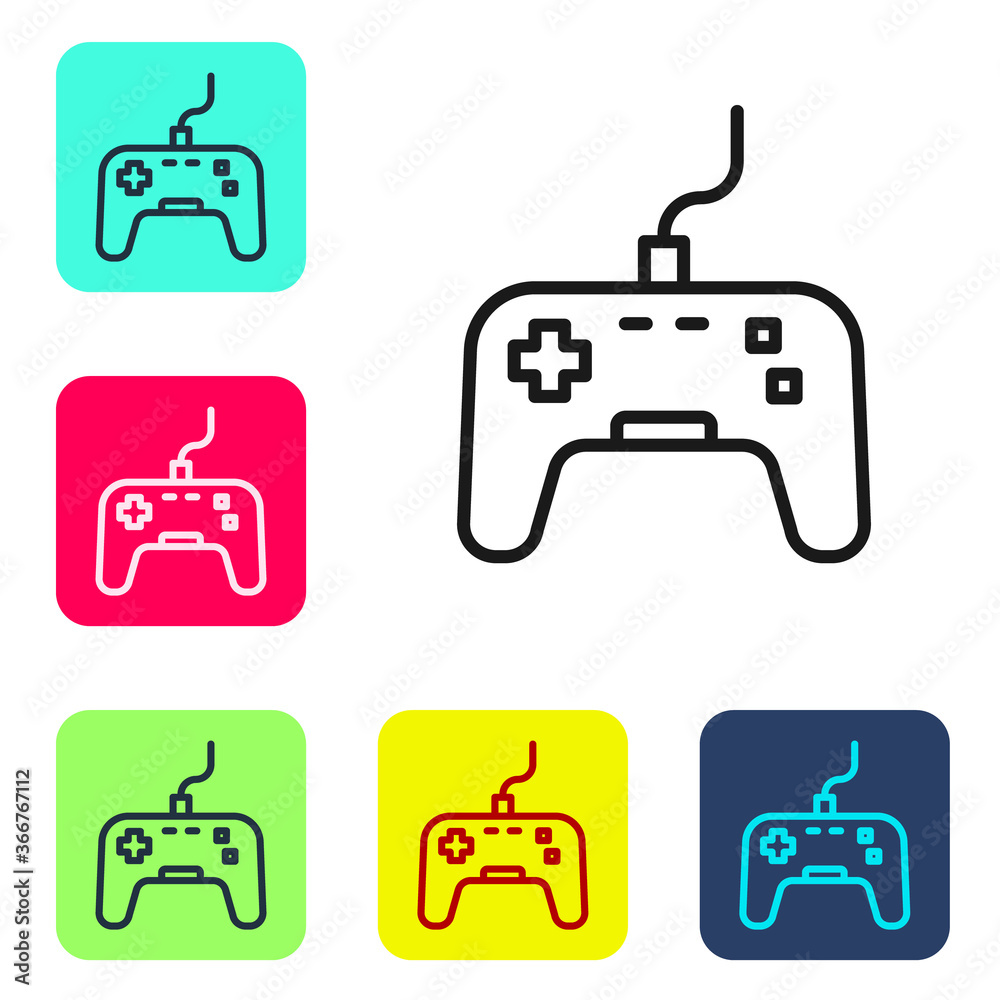 Black line Gamepad icon isolated on white background. Game controller. Set icons in color square buttons. Vector. Black line Gamepad icon isolated on white background. Game controller. Set icons in color square buttons. Vector.