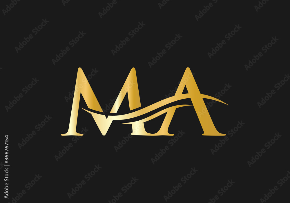 Initial MA logo design gold swoosh. vector MA logo for business and