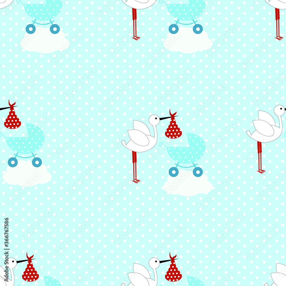 seamless pattern of a stork carrying a baby on a blue polka dots background. Vector illustration seamless pattern of a stork carrying a baby on a blue polka dots background. Vector illustration