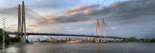 Panorama of the big cable-stayed bridge over the Neva river in Saint Petersburg