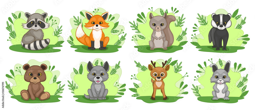Obraz premium Set of cute forest baby animals. Fox, wolf, bear, hare, raccoon, deer, badger, squirrel. Cartoon style. Vector illustration.