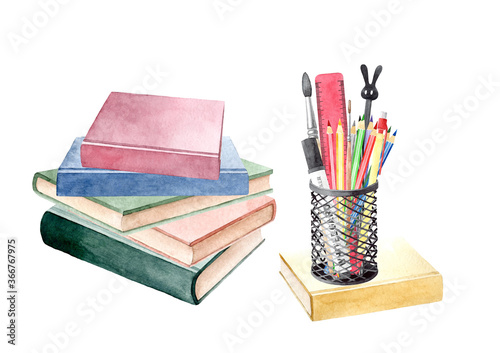 Hand drawn watercolor illustration of metal stand with stationery and stack of books. Education Back to School concept. Isolated objects on white background.