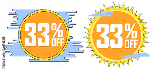 Set Sale 33% off banners, discount tags design template, Summer promo app icons, vector illustration