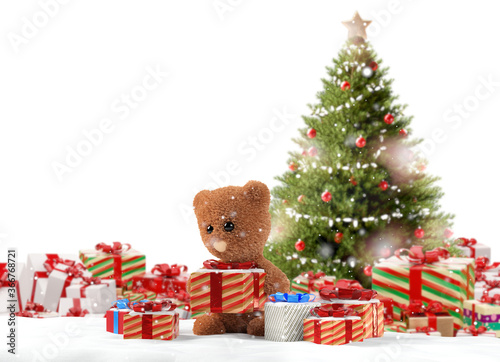 concept of christmas presents. christmas gifts and cute teddy bear 3d-illustration © wetzkaz