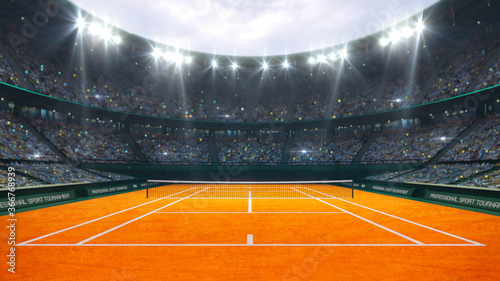 Stampa su tela Orange clay tennis court and illuminated outdoor arena with fans, upper front view, professional tennis sport 3d illustration background