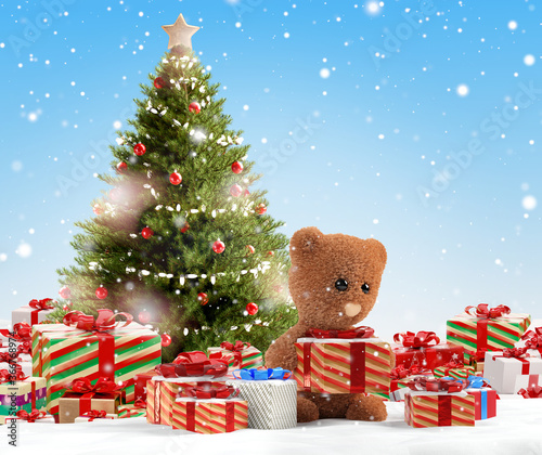 concept of christmas presents. christmas gifts and cute teddy bear 3d-illustration © wetzkaz