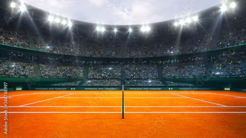 Obraz na plátně Orange clay tennis court and illuminated outdoor arena with fans, referee side view, professional tennis sport 3d illustration background