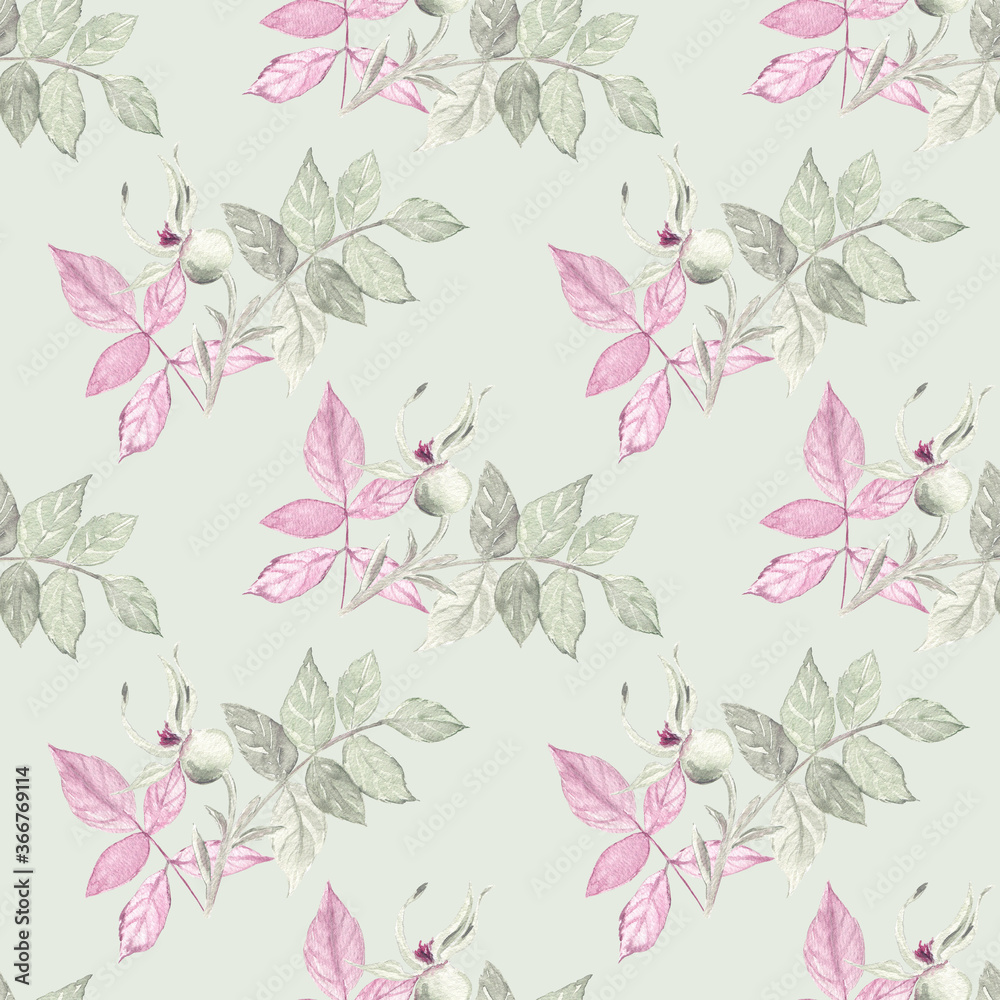 Green seamless pattern with wild roses. Watercolor illustration in original color range. Great for home textile, wrapping paper or background for design. 