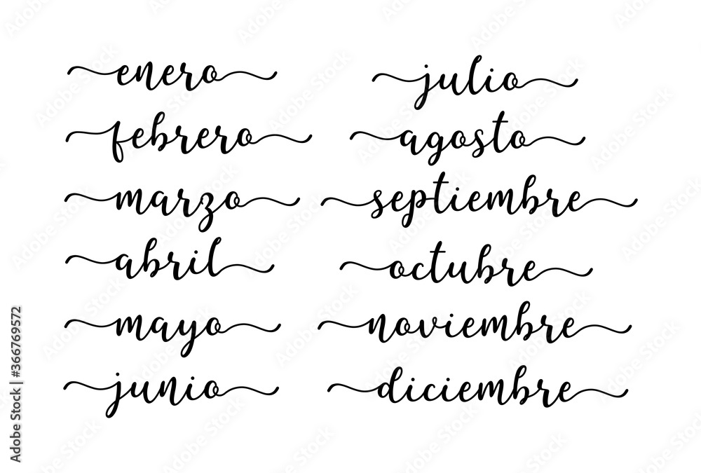 Meses del año con letras a mano. Enero, Febrero, Marzo, Abril, Mayo, Junio, Julio, Agosto, Septiembre, Octubre, Noviembre, diciembre. Lettering para calendario, organizador, planificador