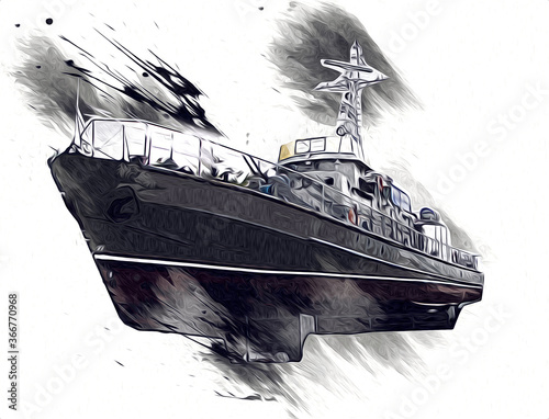 Canvas Print Military ship goes through the rough atlantic sea illustration vintage retro art
