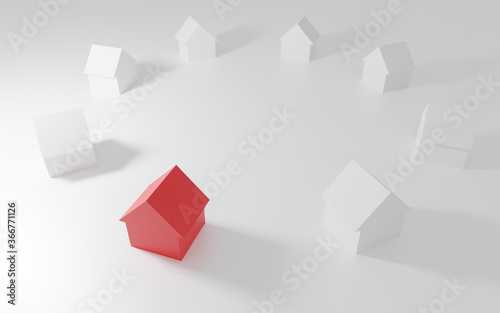 White Roofed houses  with red roofed house in circle for real estate property industry. 3D rendering. 3D illustration