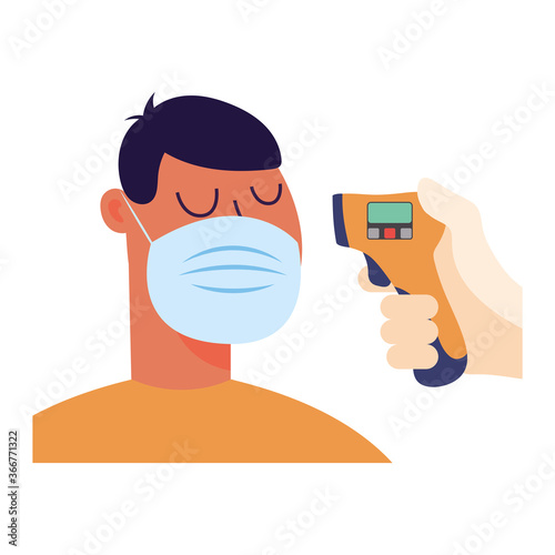 Hand holding thermometer gun checking man temperature vector design