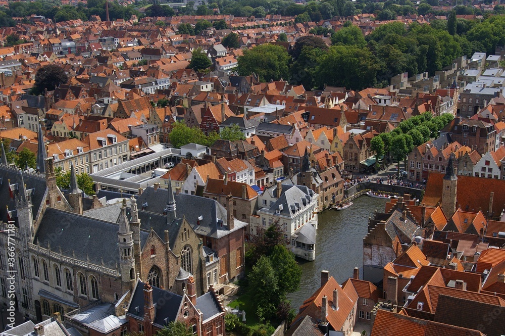 View over old buildings in central Bruges, West Flanders, Belgium.