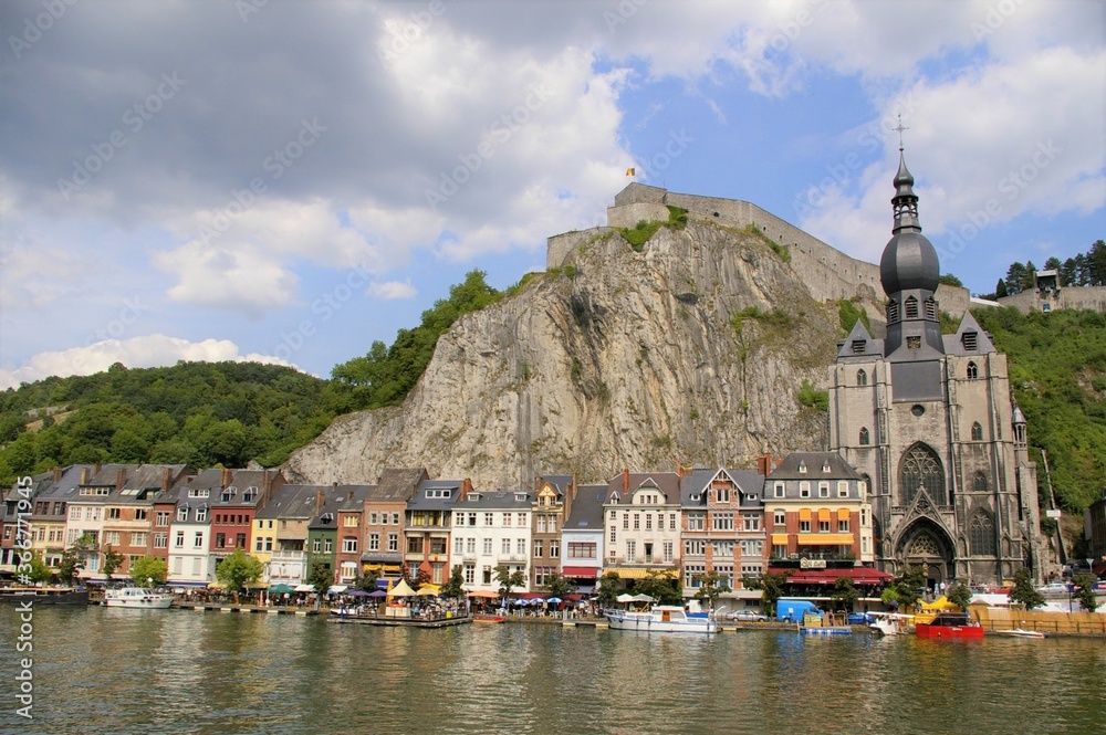 The town of Dinant in Belgium from the River Meuse, showing the Citadel and the Collegiate Church.
