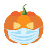 Single halloween pumpkin in medical mask isolated on white background for design, flat vector stock illustration with pumpkin in facial mask