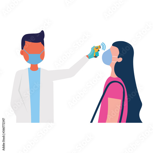 male doctor holding thermometer gun checking woman temperature vector design