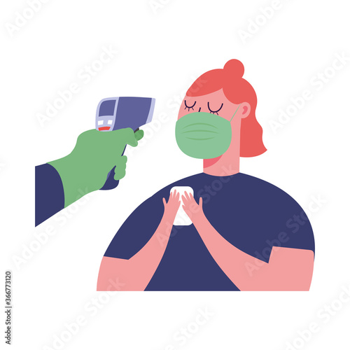 Hand holding thermometer gun checking woman temperature vector design