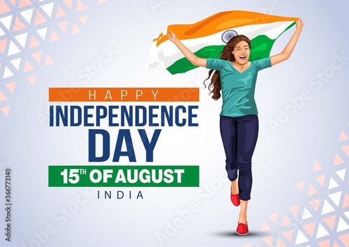 happy Independence day 15 th august Happy independence day of India , girl running with Indian flag.vector illustration.greeting card