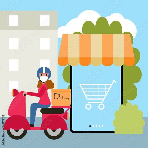 Flat style vector of girl wearing a mask on riding scooter to deliver food or goods to customers according to online orders. Illustrstion for shopping application, online delivery service concept.