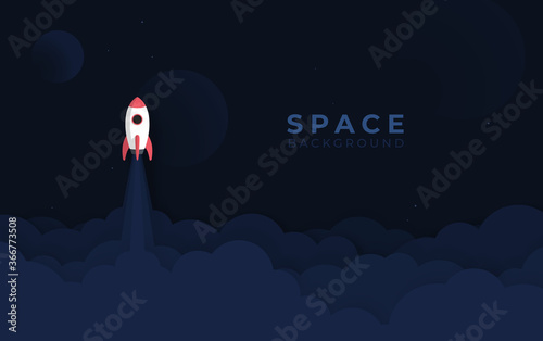 Spaceship in the dark space. Business startup launch concept, flat astronomy design, rocket icon. Dark blue vector illustration.