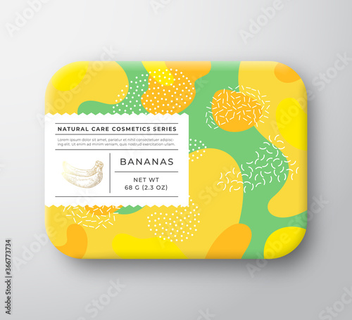 Fruits Bath Cosmetics Box. Vector Wrapped Paper Container with Care Label Cover. Packaging Design. Modern Typography and Hand Drawn Bananas. Abstract Camo Background Pattern Layout.