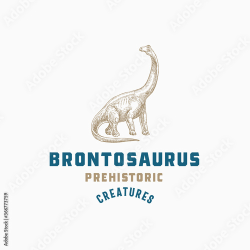 Prehistoric Creature Dinosaur Abstract Sign, Symbol or Logo Template. Hand Drawn Brontosaurus Reptile with Retro Typography. Vector Emblem Concept.