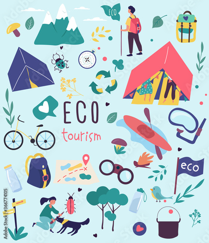 Ecotourism poster design for nature destinations with colorful icons depicting camping, hiking, kayaking, cycling and the mountains, colored vector illustration